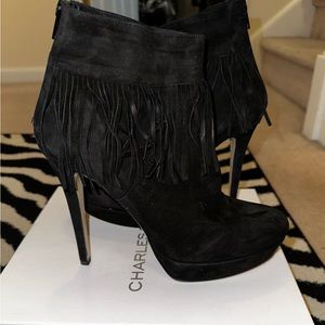 Brand New - Charles David, Black Suede Stiletto Ankle Booties with Fringe
